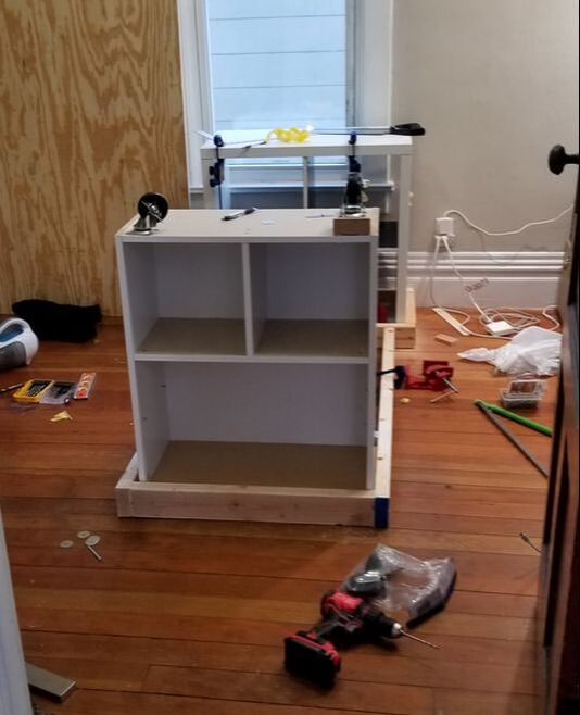 DIY sewing table from shelves