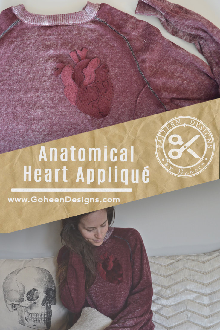 Pinterest ready image of the anatomical heart applique sewing pattern