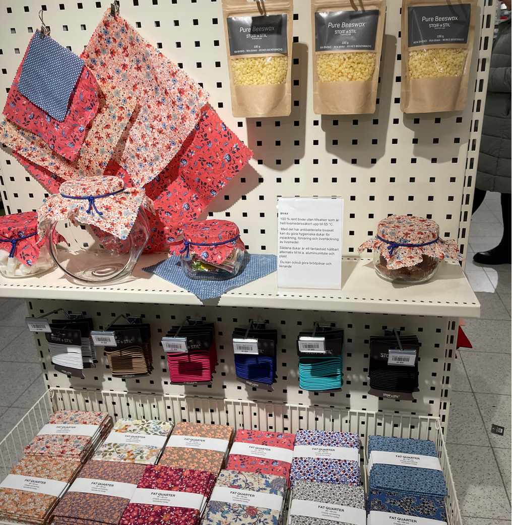 beeswax project display in fabric store sweden