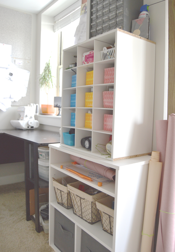 shelves organize all my sewing notions in kleenex boxes